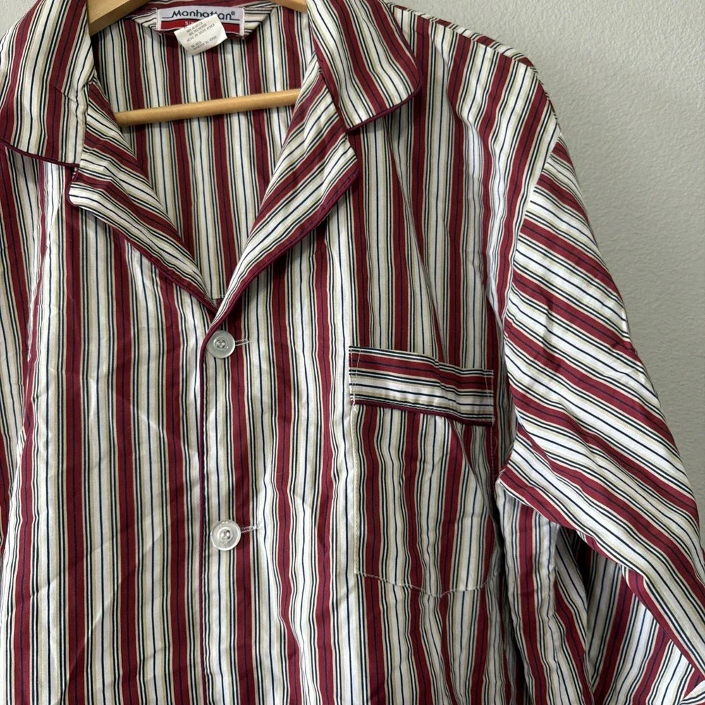 Manhattan VTG Men's 2 Piece Striped Pajama Set XL Bottoms & Top Button 1970's